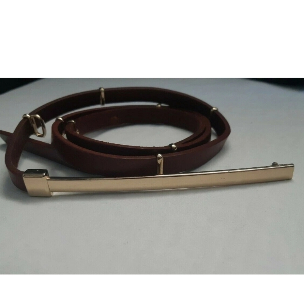 VTG leather skinny belt long narrow metal bar clasp Minimalist Y2K ladies M-L